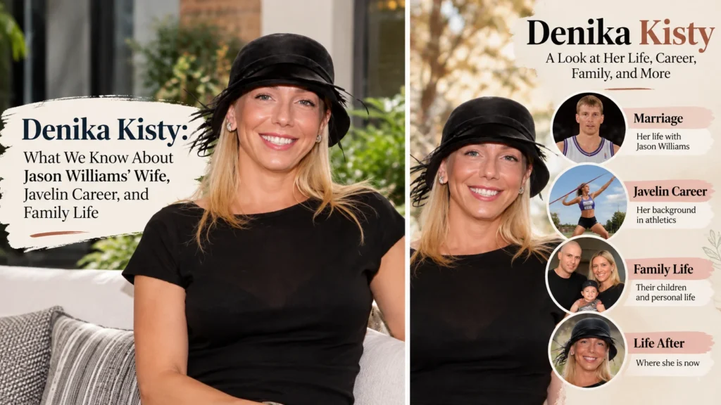 Denika Kisty infographic covering her javelin career, marriage to Jason Williams, and family life